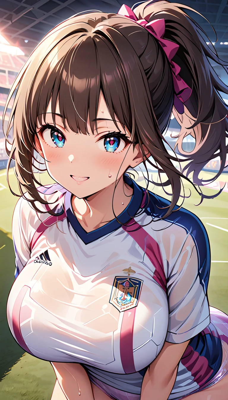 (masterpiece,highest quality,超A high resolution),japanese woman, (((very beautiful 12 year old girl))), pretty girl、look at the photographer、 ((beautiful low ponytail)), super cute face, glossy lips, double eyelids in both eyes,natural smile、 natural makeup, long eyelashes, Shiny and smooth hair、center image, perfect limbs, perfect anatomy,(((soccer uniform)))、(((turn around and look back)),(wet with sweat),,
