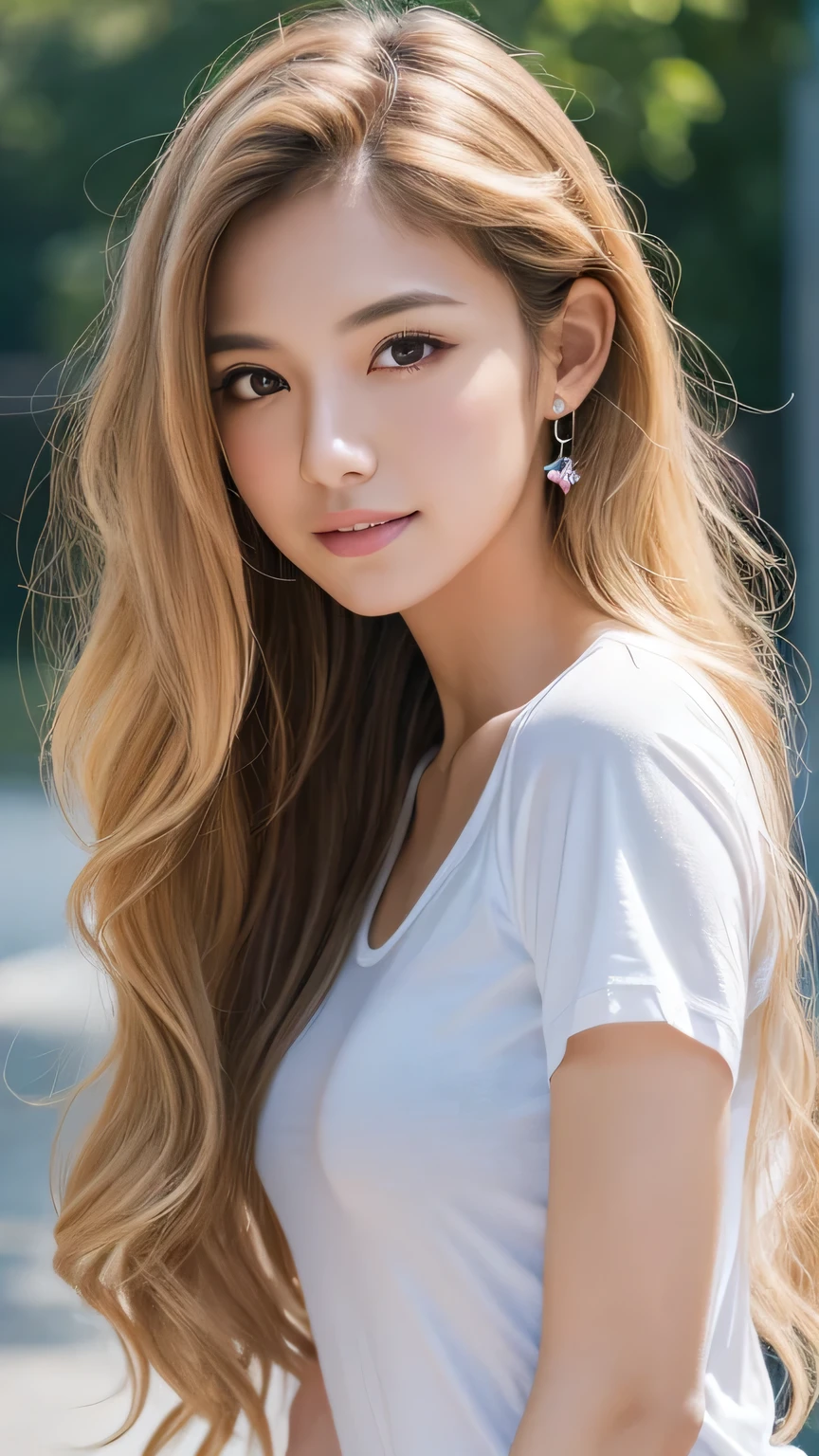 best quality, beautiful, Curvy Body, 22 years old woman, chuckle, long hair, blonde hair, Double eyelids Eyes, Twinkling Eyes, looking at viewer, Pencil-thin Eyebrows, Pointed Nose, Glossy Mouth, jeans, tank top, full body, kawaii