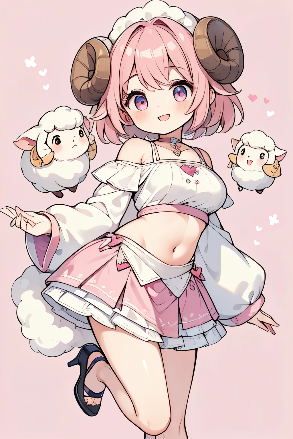 High resolution, masterpiece, Anatomically correct, Best Quality, One girl, smile、Blushing、Short Hair、Large, wide eyes、Pink Hair,Choker、Heart symbol、Simple Background、Shoulders stick out、I can see your belly button、Thighs、mini skirt、High heels、White clothing、Sheep Cosplay、Big Breasts、Deep valley