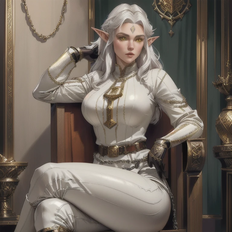 A realistic fantasy female elf character, long curly white hair, pointed ears, yellow eyes, thin lips, round face, tan skin tone, wearing long sleeve chainmail shirt, silver chainmail, long leather gloves, large bust, wearing belt with royal crest, wide hips, thick thighs, wearing light gray leather pants, dark tall leather boots, holding sharp sword, looking at viewer, sitting on a wooden throne,(best quality,8k,highres,masterpiece:1.2),ultra-detailed,(realistic,photorealistic,photo-realistic:1.37),intricate details,cinematic lighting,dramatic lighting,epic fantasy art,hyper detailed