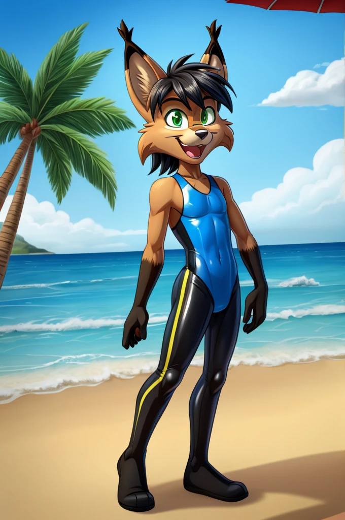 Lynx cartoon guy full length skinny slim lycra swimsuit on the beach with happy face green eyes black hair