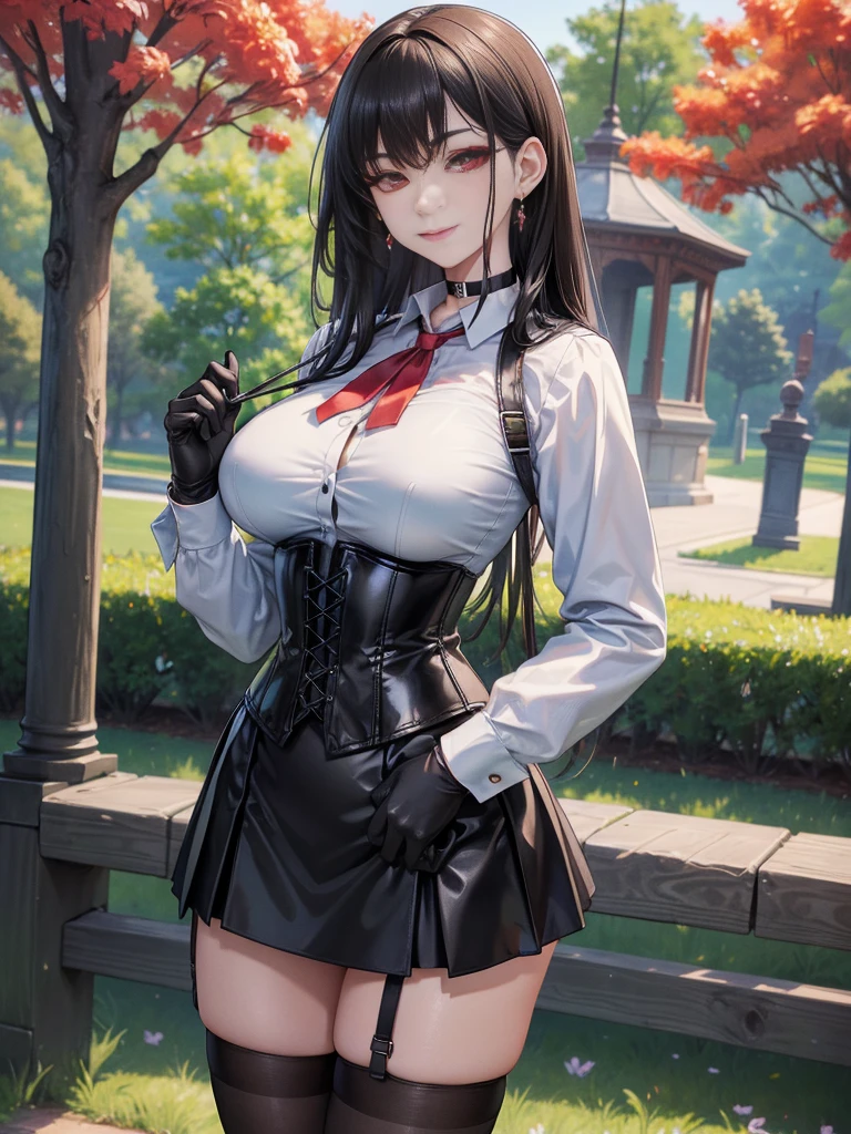 8K, highres, Ultra detailed, (Masterpiece:1.4), The best quality, symmetrical body, standing, pose sexy, front view, choker:1.6, (White collar button-down shirt with white long sleeves), Black gloves, gloves that cover the hands, (black leather corset),  (short black skirt:1.4), (brown stockings), Alone, Earrings, long hair, black hair, perfect eyes,  red eyes, Shine effect, detailed eyes, draw slight smile, detailed face, looking at the viewer smiling at the viewer, in the park, angled view, big breasts, seductive look