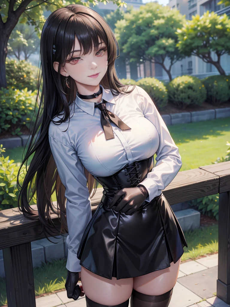 8K, highres, Ultra detailed, (Masterpiece:1.4), The best quality, symmetrical body, standing, pose sexy, front view, choker:1.6, (White collar button-down shirt with white long sleeves), Black gloves, gloves that cover the hands, (black leather corset),  (short black skirt:1.4), (brown stockings), Alone, Earrings, long hair, black hair, perfect eyes,  red eyes, Shine effect, detailed eyes, draw slight smile, detailed face, looking at the viewer smiling at the viewer, in the park, angled view, big breasts, seductive look