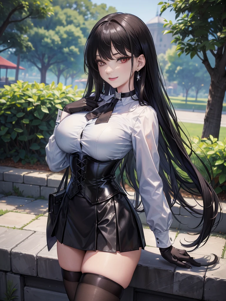 8K, highres, Ultra detailed, (Masterpiece:1.4), The best quality, symmetrical body, standing, pose sexy, front view, choker:1.6, (White collar button-down shirt with white long sleeves), Black gloves, gloves that cover the hands, (black leather corset),  (short black skirt:1.4), (brown stockings), Alone, Earrings, long hair, black hair, perfect eyes,  red eyes, Shine effect, detailed eyes, draw slight smile, detailed face, looking at the viewer smiling at the viewer, in the park, angled view, big breasts, seductive look