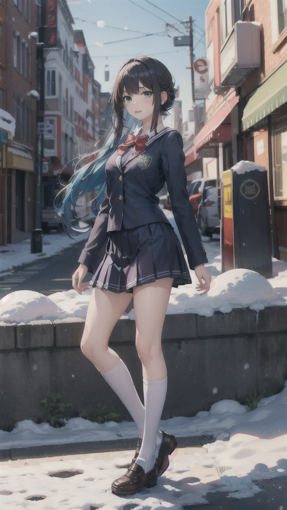 Best quality ultra high resolution,1 Girl,Solitary,whole body,snow,City,, Blue Hair,Green Eyes JK,School Uniform,