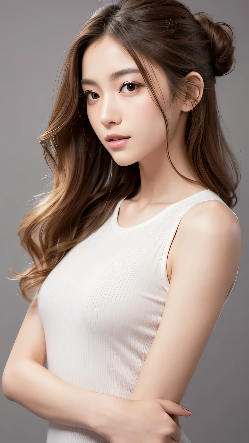 woman, body hairstyle, long style, bob length, tight soft curl, integrated into face line bangs, blonde brown hair, Nikon Z7 II Mirrorless Camera, 120mm F/4 wide-angle lens, best quality, masterpiece, ultra detailed, cowboy shot, flowing, 3dmm, ink sketch, color ink, ink rendering, octane render, pastels, rice paper, clear face, full hairstyle, white background, only show face and neck, white t-shirtface centered, passport photo style