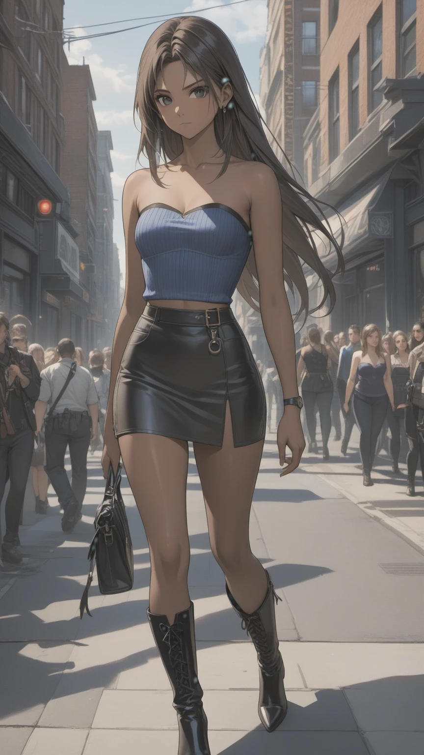 (((Adult woman)): (small black mini skirt, strapless blue top, Black eyes, showing the whole body, brown skin color, ((Black long hair)), High heel black boots. Closed mouth )); full body shot, walking in street, apocalipse city background. High quality. 4k, 8k, many details. Masterpiece, accurate, anatomically correct, posing, detailed background, better quality, original work Focus on details, Jill Valentine, zombies around