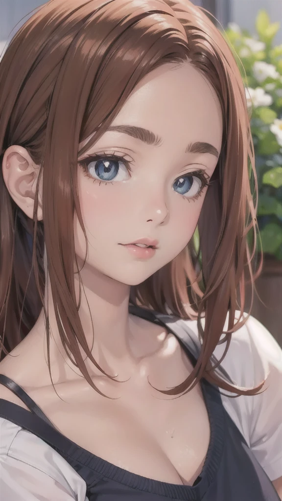 Anime Girl, Realistic shadows, Detailed Skin, Very small breasts, Black Hair, Very detailed, 8k highly detailed face, perfect face shape, Full, perfect lips, Perfect nose, Correction of beautiful eyes, Watch the audience, White shirt with flowers, masterpiece, Best Quality Single Girls, Very good, No underwear, Solitary