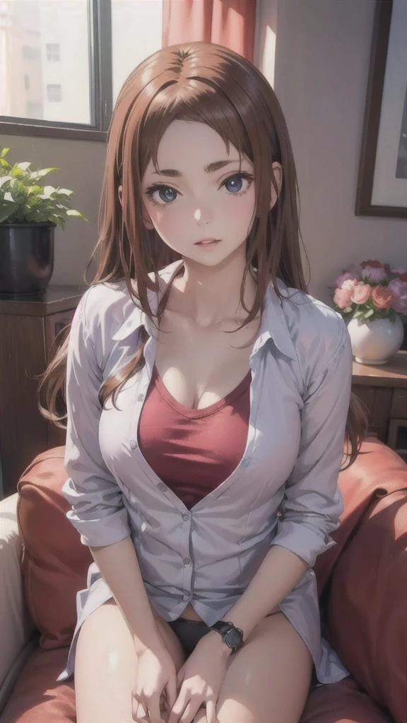 Anime Girl, Realistic shadows, Detailed Skin, Very small breasts, Black Hair, Very detailed, 8k highly detailed face, perfect face shape, Full, perfect lips, Perfect nose, Correction of beautiful eyes, Watch the audience, White shirt with flowers, masterpiece, Best Quality Single Girls, Very good, No underwear, Solitary