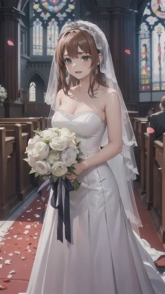 Low - Angle, NSFW, Misaka Mikoto, wedding dress, bridal gauntlets, bridal veil, wedding ring, bouquet, blush, small breasts, church, uhd, retina, masterpiece, ccurate, anatomically correct, textured skin, super detail, high details, high quality, best quality, highres, 4K