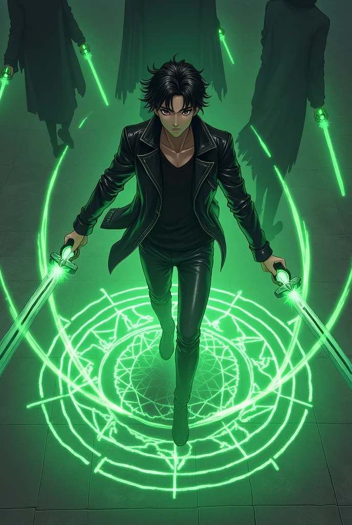 Anime character, straight black hair back, with black overcoat, dark green details on clothing, holding an axe with green energy, with a mysterious aura around it