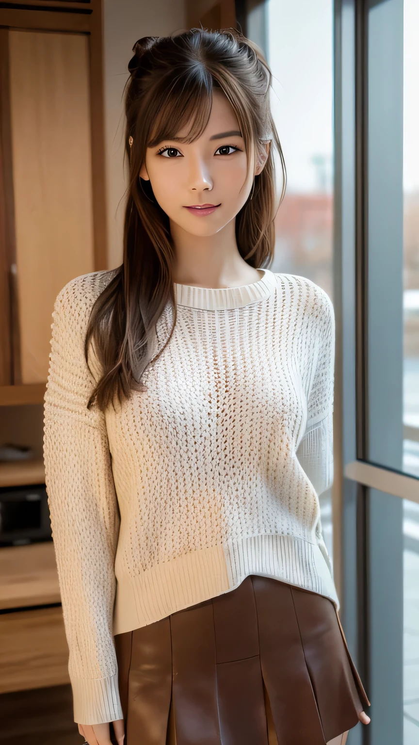 dark brown hair、light brown eyes、The face of the Japan actress、adult lady、The face is about 40 years old.、(intricate-detail:1.2)、(top-quality:1.4)、 (超A high resolution:1.2)、超A high resolution、(A detailed eye)、(detailed facial features)、HDR、8K resolution、moderately sized udder、She is wearing a warm white sweater and skirt.、I'm showing my butt towards me、Knees are smooth、Long、length hair、