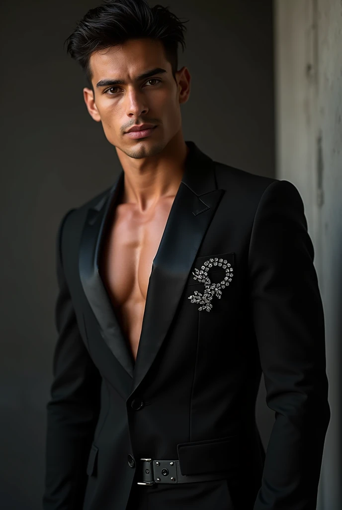 Real photo men&#39;s beauty fashion modern black clothing glamor luxury show haute couture latin man athletic sparkle stones 