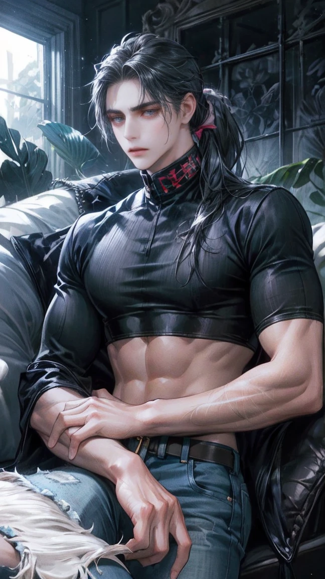 One man, handsome, emo, very long hair, black hair, high pony tail hairstyle, messy hair, tight crop top, waisted ripped jeans, very dark atmosphere, little bit of sunlight, depressed, expressionless, gray eyes, manly, muscular, manly, masculine