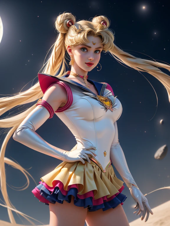 Masterpiece, : 1.3, standing, 8K, 3D, actual, Ultramicro shots, quality, Extreme Detail CG Unity 8K Wallpapers, from below, Complicated details, (1 female), 1, (Sailor Moon supersailor moon mer1, tiara crown, Sailor Soldier Sailor Suit: 1.2, The moon marinera: 1.2), Incredibly long bright blonde ponytails, delgado and long straight twin ponytail blond hair, hair bun, Red round hair accessories in bow, warrior sailor suit, (blue collar, Blue sailor collar, Pre-Gate Blue Miniskirt: 1.3, There is a big red bow on the chest.: 1.3, Guantes longs de látex blancos: 1.3, Elbow colored gloves, There is a big red bow on the back of the waist.: 1.1, It looks big, golden headdress, Details of the earrings: 1.5, bright blue eyes, pretty face, beautiful eyes, bright eyes, thin lips: 1.5, delgado, pale, pointed eyebrows, long, Black eyelashes, double eyelashes), Luxury gold jewelry, delgado, Slim and muscular, Miserly way, , perfect proportions, big breasts delgado waist, sexy model pose, Visible Pore, lustful smile, perfect hands: 1.5, Traje de baño standingrnas altas, Very delgado and form-fitting high-gloss white holographic leather, octaneratingrendering, very dramatic image, intense natural light, sun rays, Exquisite lighting and shadows, dynamic angle, SLR camera, sharp focus: 1.0, Maximum definition and sharpness, (space backdrop, Rayos de luz de luna, The moon, Dynamic background, detailed background)