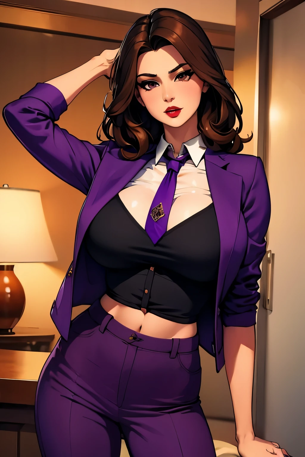 The woman, ((shirt, shirt, jacket, jacket, jacket morada, purple jacket, pants, pants morado, prurple throuser,  tie, tie)),Las vegas al fondo,very detailed, Realistic long-term photography., 4k, by the wide, Brown Hair, By the chestnut, red lips, sexy,red lips, Brown eyes, big breasts, big breasts, Lucia Auditore