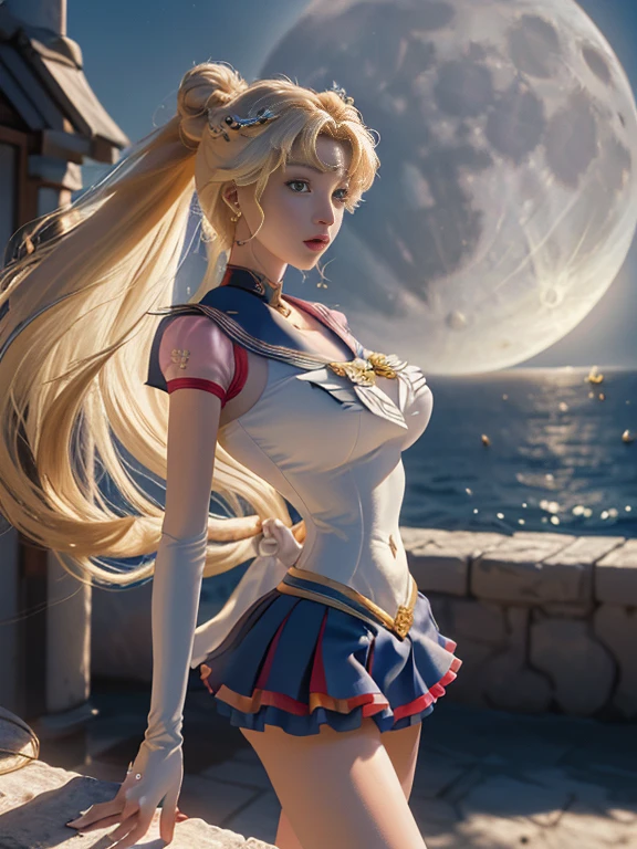 Masterpiece, : 1.3, standing, 8K, 3D, actual, Ultramicro shots, quality, Extreme Detail CG Unity 8K Wallpapers, from below, Complicated details, (1 female), 1, (Sailor Moon supersailor moon mer1, tiara crown, Sailor Soldier Sailor Suit: 1.2, The moon marinera: 1.2), Incredibly long bright blonde ponytails, delgado and long straight twin ponytail blond hair, hair bun, Red round hair accessories in bow, warrior sailor suit, (blue collar, Blue sailor collar, Pre-Gate Blue Miniskirt: 1.3, There is a big red bow on the chest.: 1.3, Guantes longs de látex blancos: 1.3, Elbow colored gloves, There is a big red bow on the back of the waist.: 1.1, It looks big, golden headdress, Details of the earrings: 1.5, bright blue eyes, pretty face, beautiful eyes, bright eyes, thin lips: 1.5, delgado, pale, pointed eyebrows, long, Black eyelashes, double eyelashes), Luxury gold jewelry, delgado, Slim and muscular, Miserly way, , perfect proportions, big breasts delgado waist, sexy model pose, Visible Pore, lustful smile, perfect hands: 1.5, Traje de baño standingrnas altas, Very delgado and form-fitting high-gloss white holographic leather, octaneratingrendering, very dramatic image, intense natural light, sun rays, Exquisite lighting and shadows, dynamic angle, SLR camera, sharp focus: 1.0, Maximum definition and sharpness, (space backdrop, Rayos de luz de luna, The moon, Dynamic background, detailed background)