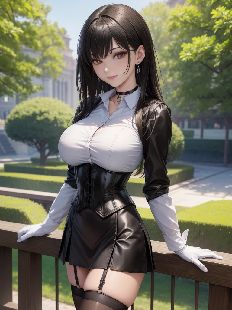 8K, highres, Ultra detailed, (Masterpiece:1.4), The best quality, symmetrical body, standing, pose sexy, front view, choker:1.6, (White collar button-down shirt with white long sleeves), Black gloves, gloves that cover the hands, (black leather corset),  (short black skirt:1.4), (brown stockings), Alone, Earrings, long hair, black hair, perfect eyes,  red eyes, Shine effect, detailed eyes, draw slight smile, detailed face, looking at the viewer smiling at the viewer, in the park, angled view, big breasts, seductive look