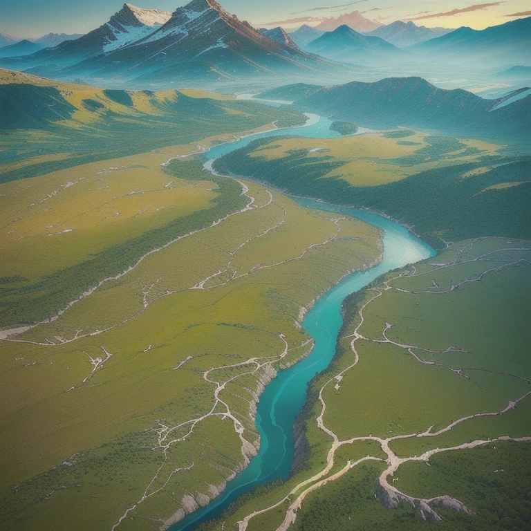 extremely detailed fantasy landscape, a vast plateau with the Minoan Kingdom, a large river below leading to the Marada Kingdom nestled within an expansive forest, twin mountains in the distance housing the Manfur Kingdom, and the distant Kingdom of Forests and Woodlands Zhion, dramatic lighting, cinematic, epic scale, highly detailed, vibrant colors, stunning vistas, masterpiece