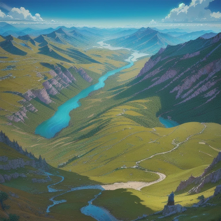 extremely detailed fantasy landscape, a vast plateau with the Minoan Kingdom, a large river below leading to the Marada Kingdom nestled within an expansive forest, twin mountains in the distance housing the Manfur Kingdom, and the distant Kingdom of Forests and Woodlands Zhion, dramatic lighting, cinematic, epic scale, highly detailed, vibrant colors, stunning vistas, masterpiece