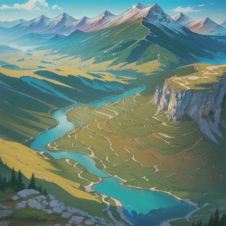 extremely detailed fantasy landscape, a vast plateau with the Minoan Kingdom, a large river below leading to the Marada Kingdom nestled within an expansive forest, twin mountains in the distance housing the Manfur Kingdom, and the distant Kingdom of Forests and Woodlands Zhion, dramatic lighting, cinematic, epic scale, highly detailed, vibrant colors, stunning vistas, masterpiece