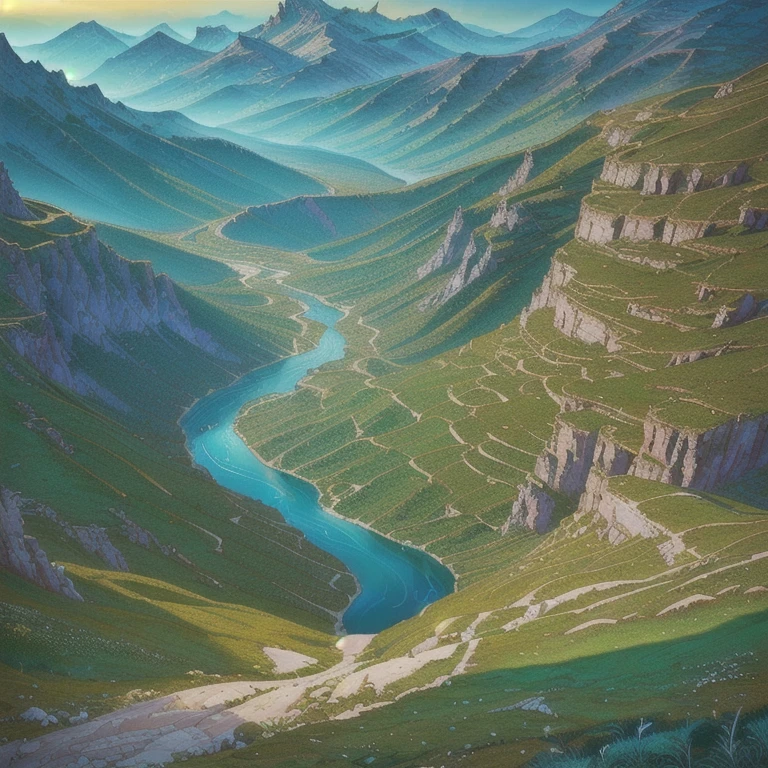 extremely detailed fantasy landscape, a vast plateau with the Minoan Kingdom, a large river below leading to the Marada Kingdom nestled within an expansive forest, twin mountains in the distance housing the Manfur Kingdom, and the distant Kingdom of Forests and Woodlands Zhion, dramatic lighting, cinematic, epic scale, highly detailed, vibrant colors, stunning vistas, masterpiece