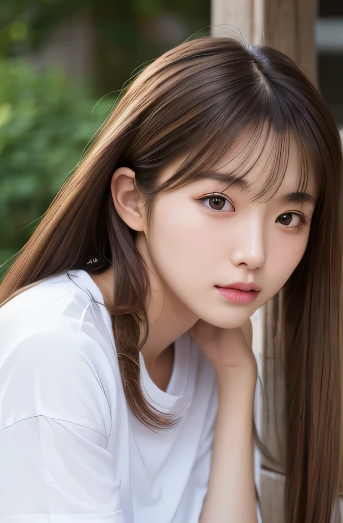 Best quality, realistic, perfect human figure, very detailed, very delicate and beautiful, RAW photos, flower garden, delicate bra, professional lighting, face lighting, depth of field, single focal, overall photo, 13 year old woman, brown hair, brown eyes, small head, ((big)), baby face, fashion girl, beautiful eyes, bare face, realistic skin, realistic face, realistic skin, detailed eyes, (half up: 1.3) , sexy posing, middle school student