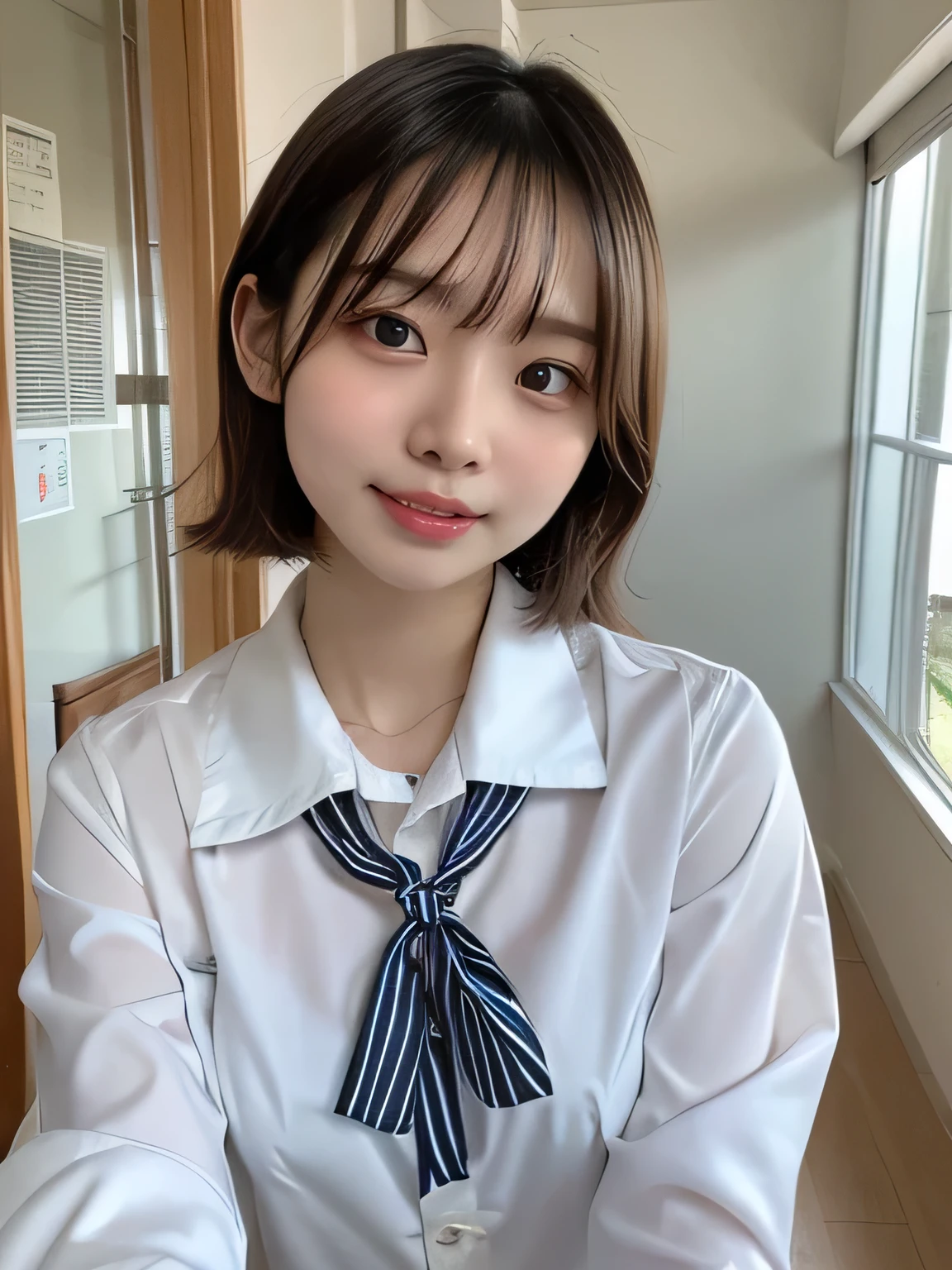 selfie, simple school uniform, A young woman in a school uniform., shirt is white only, She is wearing a long sleeve shirt, simple white shirt, a pleated skirt, and a ribbon tied at the shirt collar., collar is simple and white., Her expression is cheerful and confident, capturing a moment of youthful energy., slightly tilting her head, back grund is simple, The setting is indoors, with soft, natural light , Middle Short Hair, eyelashes, red cheek, exquisite detail, high detail, parted lips, smiley lips,