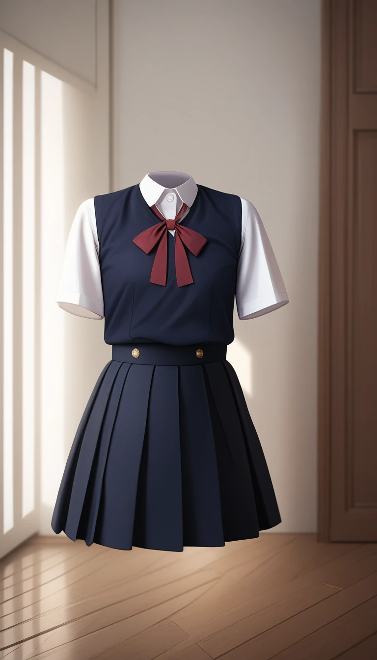 floating school uniform with no visible person, detailed Japanese high school uniform, indoors, modern room with wooden floor and windows, soft lighting, detailed shading, realism, high quality, no face, no body, realistic fabric folds and textures.