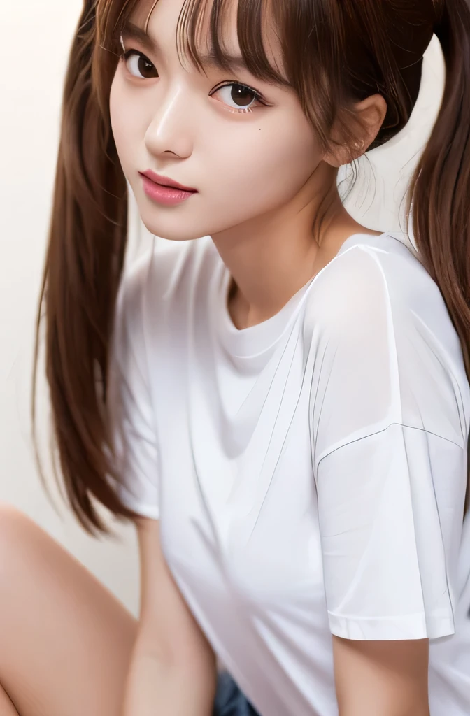 (yinchuan:1.5), close-up, masterpiece, best quality, raw photo, photorealistic, big, beautiful face, girl with soft smile, cute, white t-shirt, mini skirt, beautiful legs, middle hair depth of field, high-resolution, ultra-detail, fine detail, very detailed, highly detailed eyes and face, sharp pupils, realistic pupils,