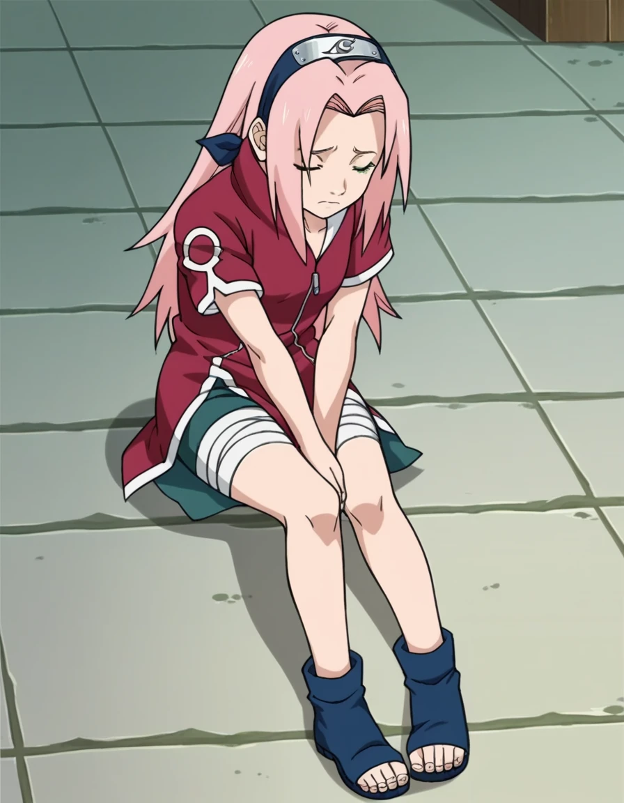 Sakura_haruno, anime screencap, official_art, perfect body, beautiful legs, , She heas to pee very extremely badly. She is covering her crotch eith her hands. Knees bent tword eachother. Pained/nervous expression. Closed mouth. She is also holding her crotch eith her hands as well as covering her crotch. Eyes closed tightly. Haruno sakura, pink hair, long hair, green eyes, small breasts, forehead protector, sakura 