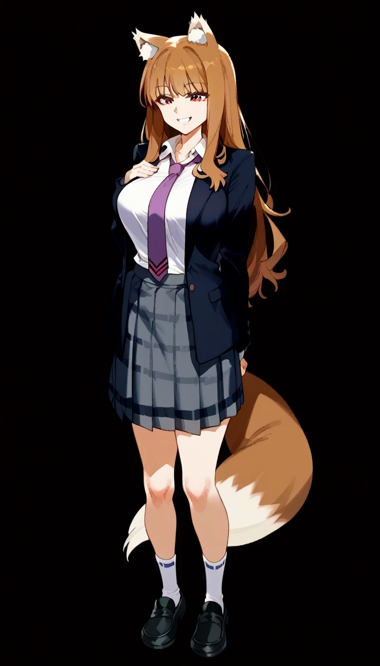 score_9, score_8_up, score_7_up, brown hair,long hair,red eyes, wolf girl,wolf ear,wolf tail、Big Breasts、
shirt, white shirt, necktie</input></xml>, purple necktie</input></xml>, Cardigan, brown Cardigan, jacket, black jacket, blazer, skirt, grey skirt, plaid skirt, socks, white socks, loafers, black footwear, smile