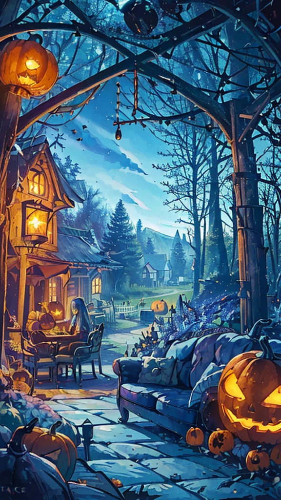 (The witch's big house in the forest:1.4).((jack o lantern)),((house gate:1.5)),((Blue sofa:1.5)),((Large garden, pumpkins, sweets, candy, lanterns, antique desks and chairs, flowers:1.3)).Halloween.