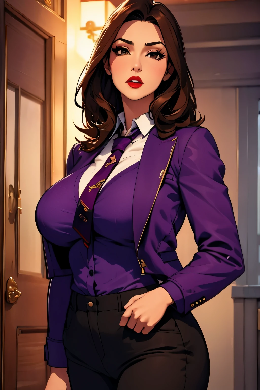 The woman, ((shirt, shirt, jacket, jacket, jacket morada, purple jacket, pants, pants morado, prurple throuser,  tie, tie)),Las vegas al fondo,very detailed, Realistic long-term photography., 4k, by the wide, Brown Hair, By the chestnut, red lips, sexy,red lips, Brown eyes, big breasts, big breasts, Lucia Auditore