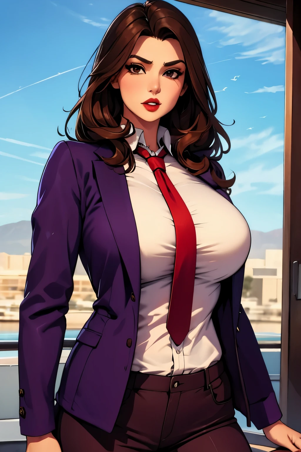 The woman, ((shirt, shirt, jacket, jacket, jacket morada, purple jacket, pants, pants morado, prurple throuser,  tie, tie)),Las vegas al fondo,very detailed, Realistic long-term photography., 4k, by the wide, Brown Hair, By the chestnut, red lips, sexy,red lips, Brown eyes, big breasts, big breasts, Lucia Auditore