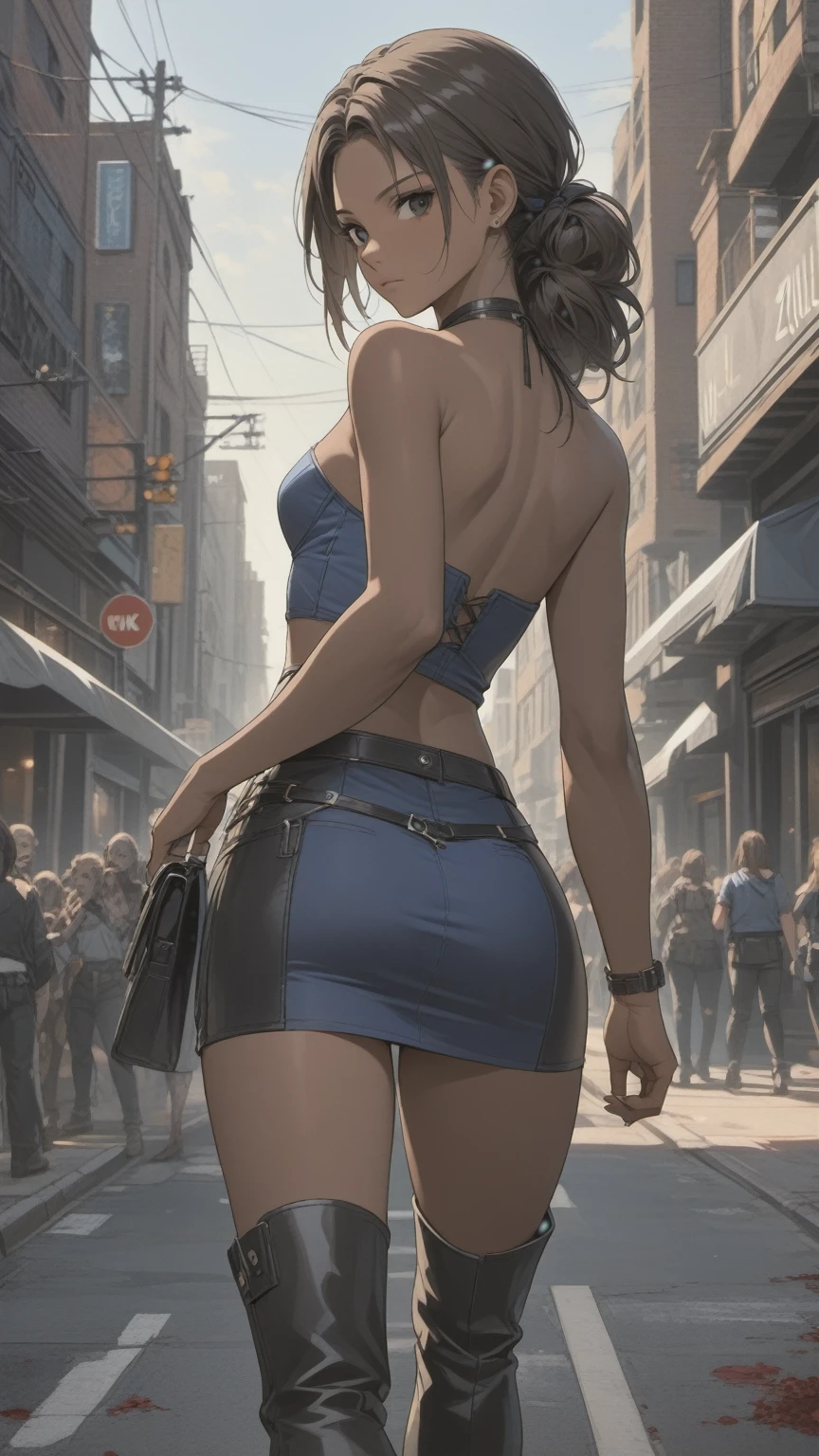 (((Adult woman)): (small black mini skirt, strapless blue top, Black eyes, showing the whole body, brown skin color, ((Black wavyhair)), High heel black boots. Closed mouth )); full body shot, walking in street, apocalipse city background. High quality. 4k, 8k, many details. Masterpiece, accurate, anatomically correct, posing, detailed background, better quality, original work Focus on details, Jill Valentine, zombies around, back view