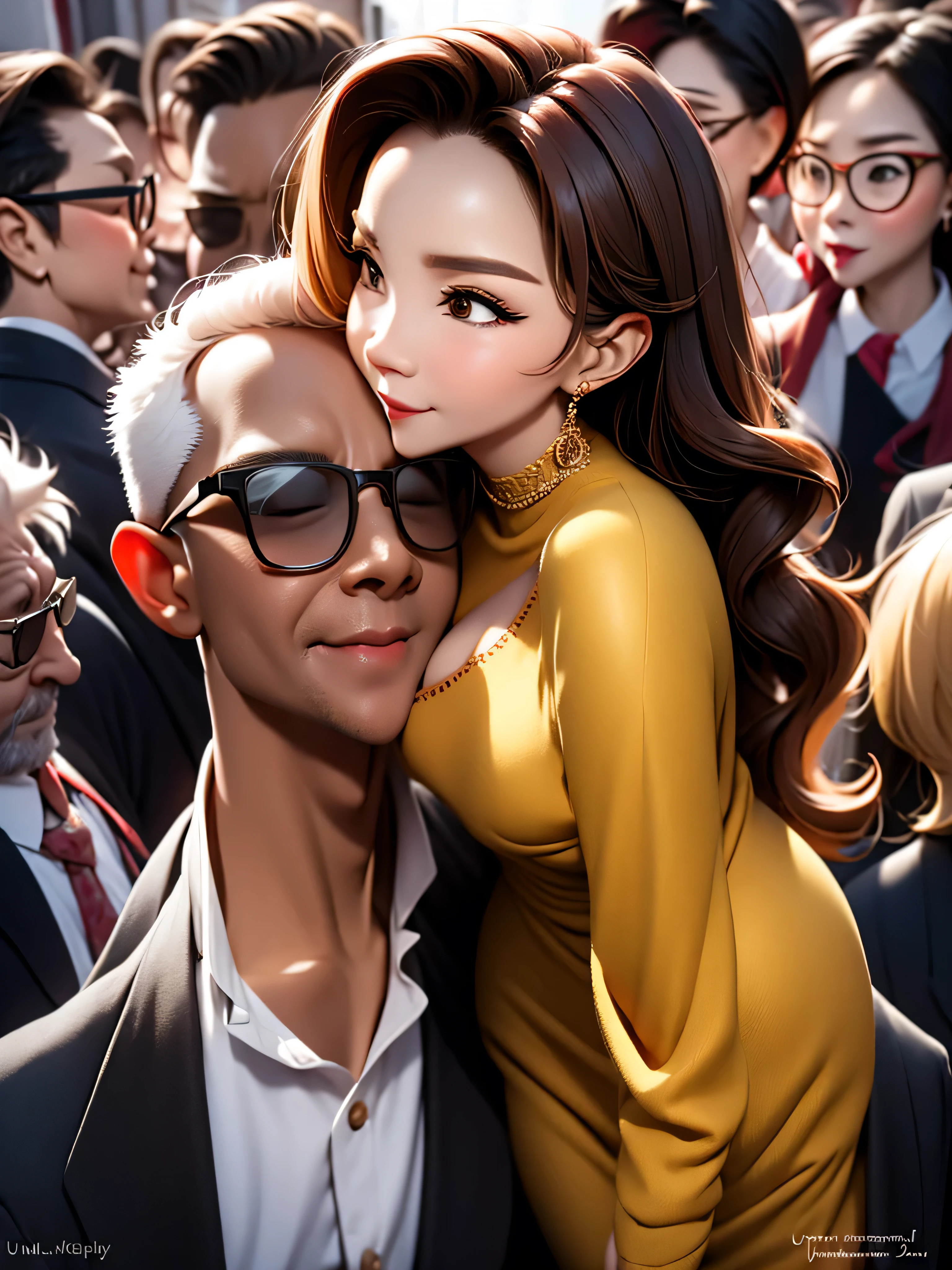 A beautiful woman wearing a revealing dress, kissing her elderly husband in the crowded crowd, UHD, masterpiece, textured skin, super detail, best quality, 8k.