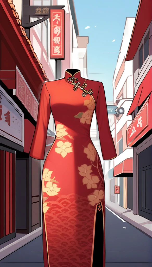 "A vibrant red Chinese qipao with golden floral patterns displayed on a mannequin, standing on a busy city street with Chinese signage and storefronts in the background. The qipao is form-fitting and elegantly designed, with a high collar and long sleeves. The surrounding scene features modern urban elements like cars and pedestrians, with Chinese signs and colorful storefronts creating a bustling, lively atmosphere."