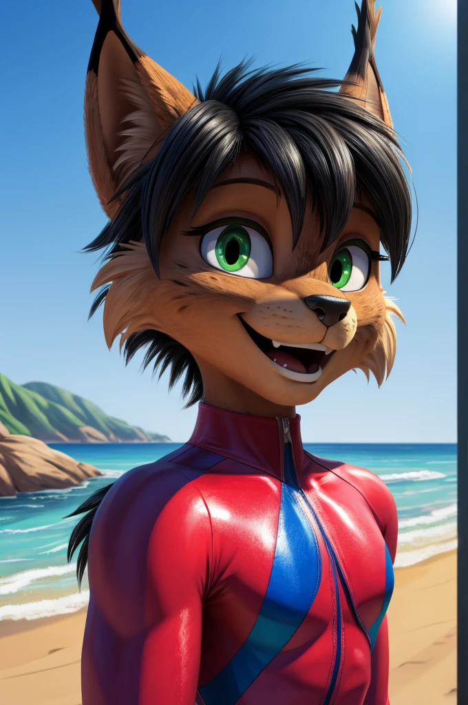 a cartoon lynx boy, full body, thin, lean, wearing a lycra swimsuit, on a beach, happy expression, green eyes, black hair, best quality, 4k, 8k, highres, masterpiece:1.2, ultra-detailed, realistic, photorealistic, photo-realistic:1.37, HDR, UHD, studio lighting, ultra-fine painting, sharp focus, physically-based rendering, extreme detail description, professional, vivid colors, bokeh, cartoon, fantasy, digital art, concept art