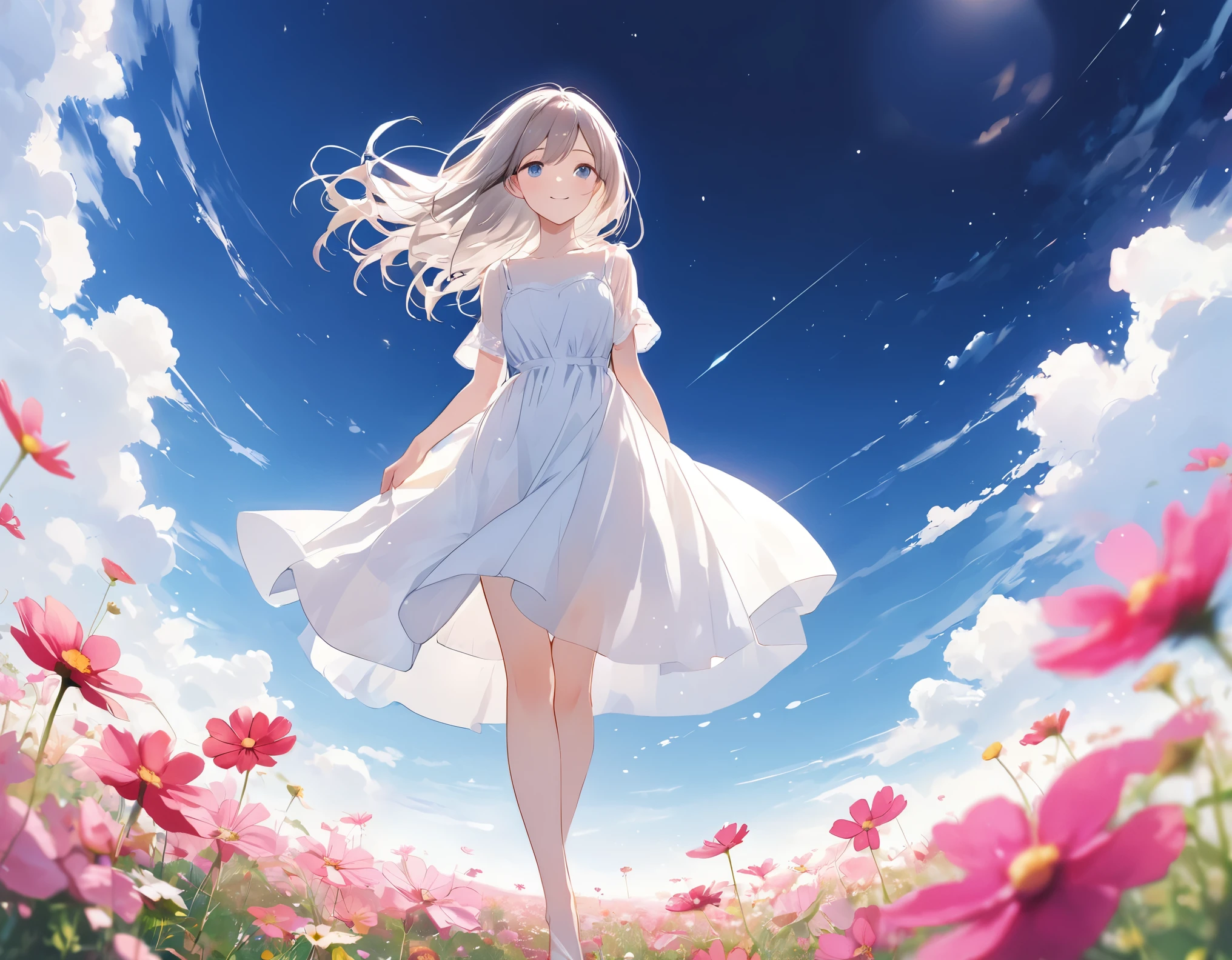 There is a girl standing in a flower field looking up at the sky, a girl standing in a flower field, a girl walking in a flower field, lost in a dreamy wonderland, standing in a flower field, fantastic digital painting, the sky gradually clears, the starry sky gradually recedes, large breast
