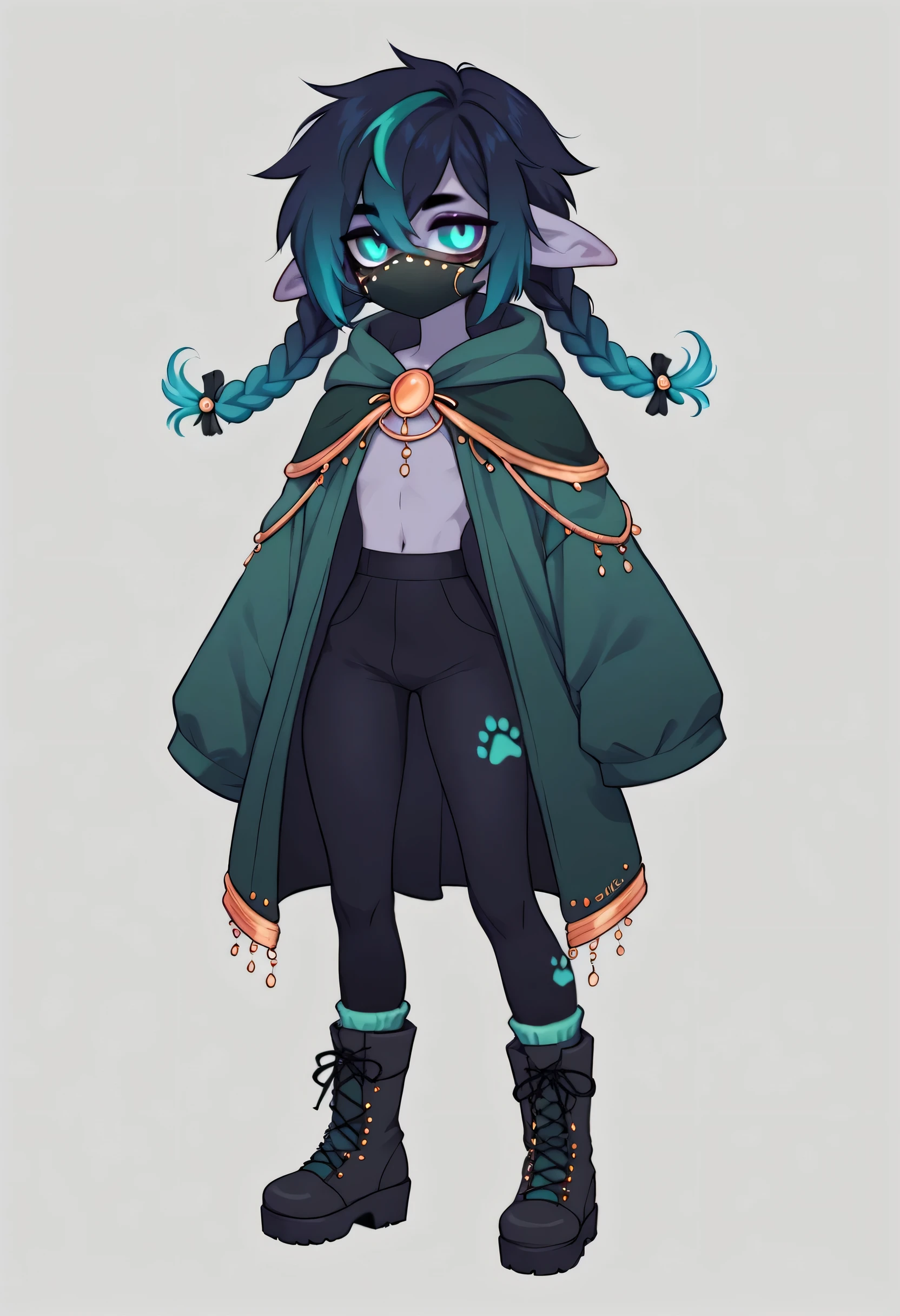 anthropomorphic, elf, panda, male, gray-violet skin, pastel flesh markings, freckles, full-bodied, rectangular body type, height 206 cm, large ears, small nose, small eyes, light-peach eye color, three eyes, neon blue additional eye color, curly hair, waist-length hair, side bangs, two high ponytails with many small braids, no mustache or beard, dark blue hair color, dark swamp green hair highlights, dark bronze hair highlights, blouse with 3/4 sleeves, cloak, leggings, knee-length clothing, socks, boots, medium platform footwear, accessories include sleep mask, mouth mask, and makeup, paw print and bows patterns on clothing and accessories, main clothing color light turquoise, additional color neon gold, additional color gray, additional color shiny green