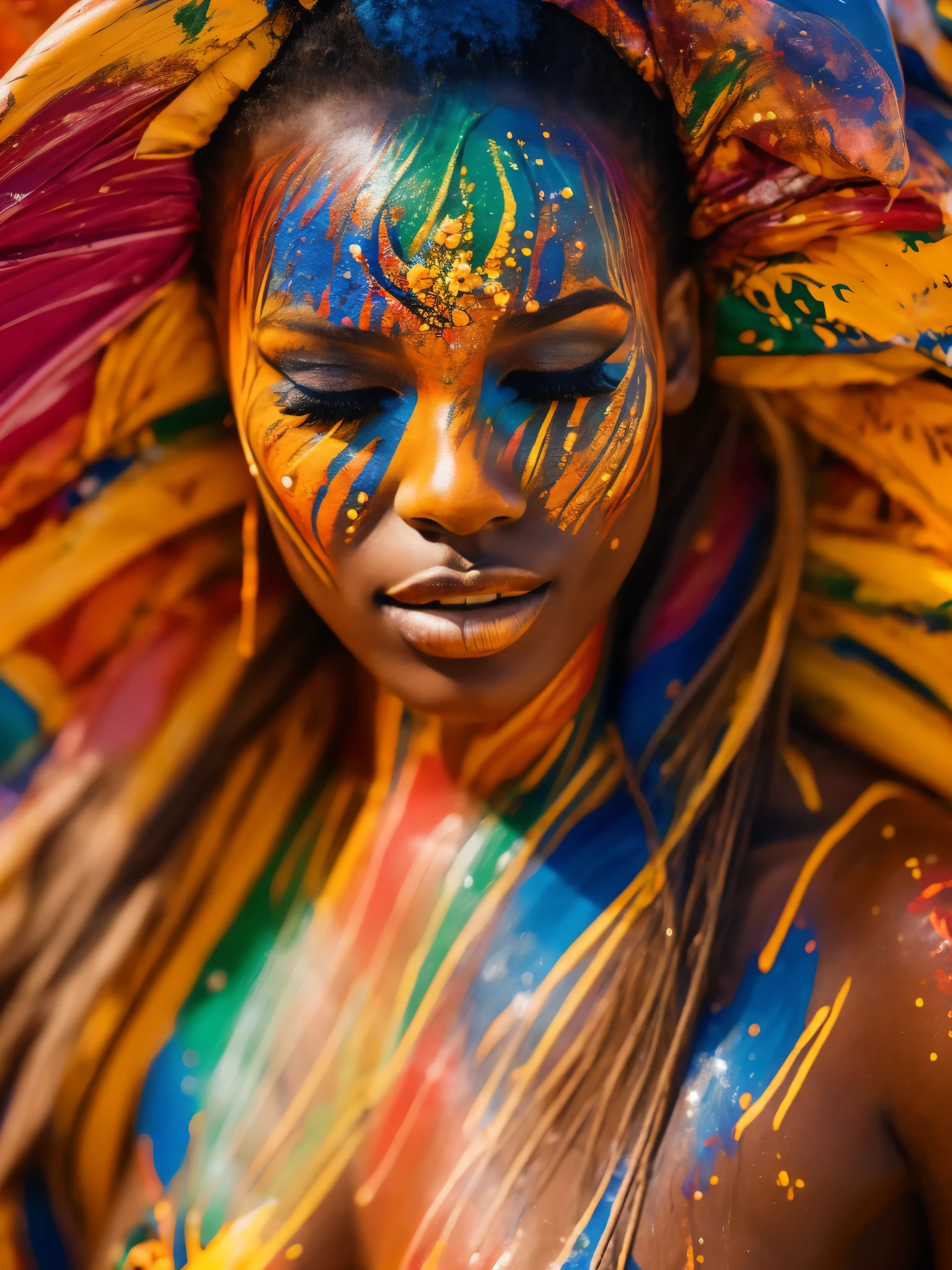 portrait of a beautiful woman, 2, (body painted with colorful paint, carnival style), realistic self portrait, 8K UHD, dslr, grain of film, Fujifilm XT3 photorealistic painting midjourney art, brought outdoor sunshine, inspired by a Brazilian. prinzzess