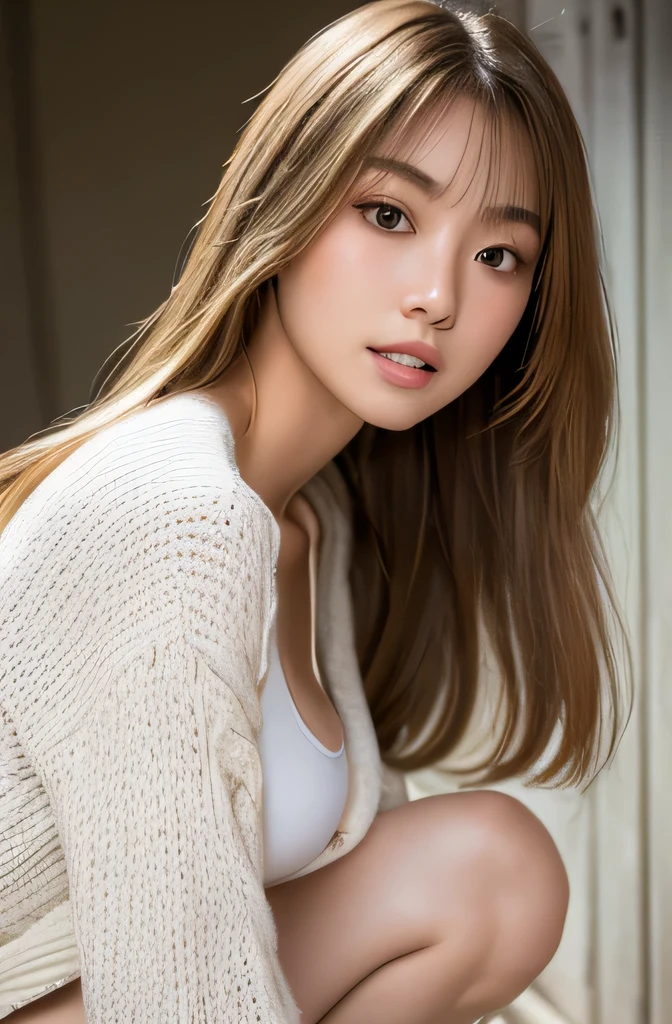 Super detailed、High resolution、A superb beauty highest quality、masterpiece、Navy blue knee sockagic Mix Real、(Live Shooting:1.2)、(Photorealistic:1.4)、The beauty of beautiful details Delicate expression、Blonde、((Panties are visible))(Crouching panty shot)Earrings、Eyelashes、Sparkling eyes、Glossy Lips、Beautiful detailed eyes、Huge file sizes、、(Japanese girls' high school uniform))、Extremely detailed representation、Fine details、Highly detailed face movie lighting、18 year old girl、Front facing、((Dynamic Pose)))、(Open Stance))、(Skirt from bottom to top:1.5), Pleated skirt、blazer、Sexy upturned eyes, (Spread your legs and show your panties:1.5), (White panties:1.5), (Black short hair:1.5), (Wet panties and see-through:1.0), (Fit body:1.5)