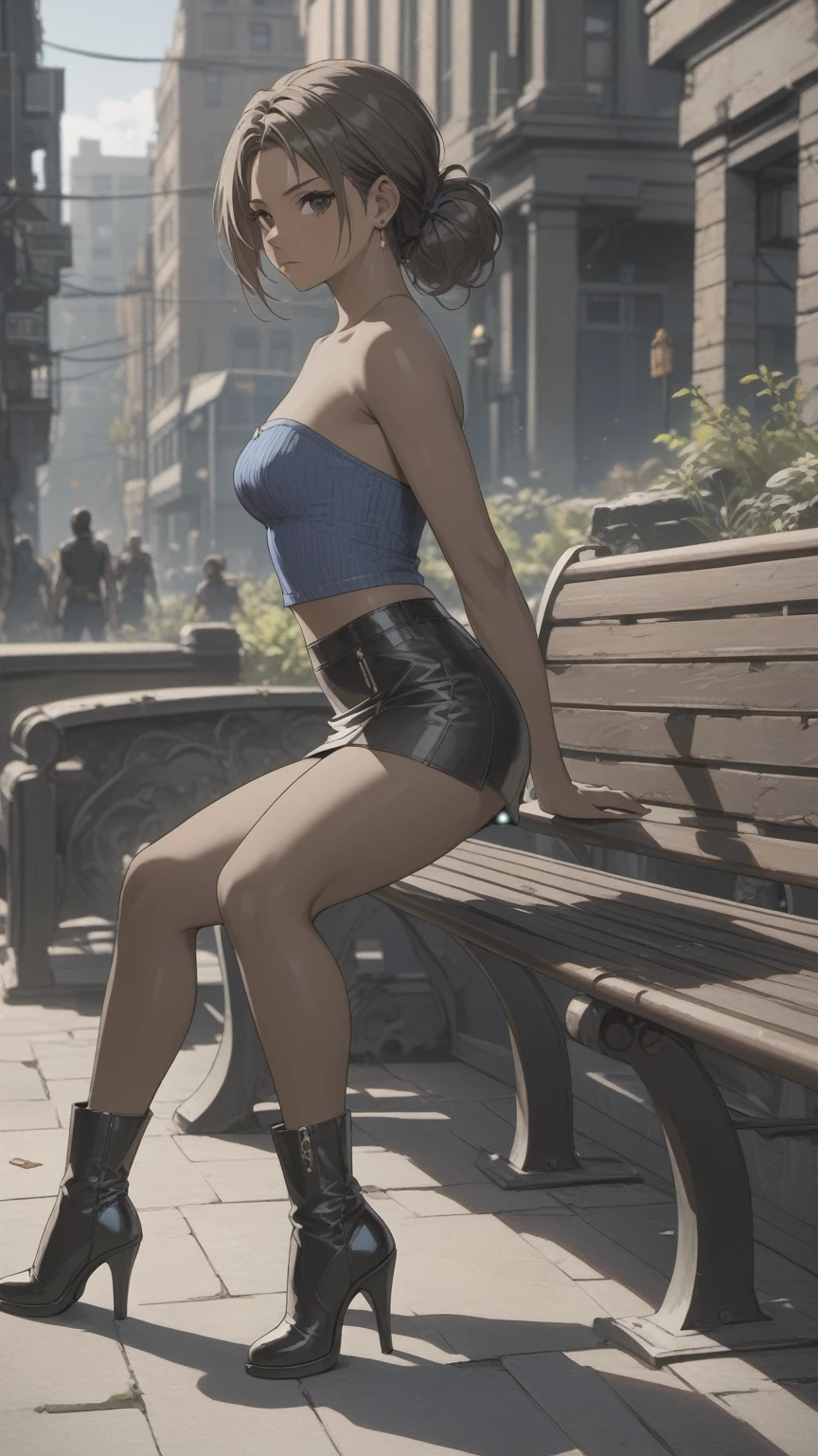 (((Adult woman)): (small black mini skirt, strapless blue top, white panties, Black eyes, showing the whole body, brown skin color, ((Black wavyhair)), High heel black boots. Closed mouth )); full body shot, sitting on a bench, apocalipse city background. High quality. 4k, 8k, many details. Masterpiece, accurate, anatomically correct, posing, detailed background, better quality, original work Focus on details, Jill Valentine, zombies around, back view