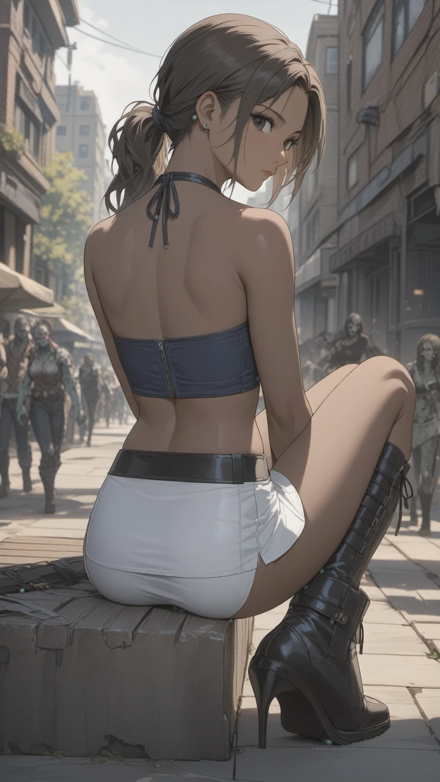 (((Adult woman)): (small black mini skirt, strapless blue top, white panties, Black eyes, showing the whole body, brown skin color, ((Black wavyhair)), High heel black boots. Closed mouth )); full body shot, sitting on a bench, apocalipse city background. High quality. 4k, 8k, many details. Masterpiece, accurate, anatomically correct, posing, detailed background, better quality, original work Focus on details, Jill Valentine, zombies around, back view