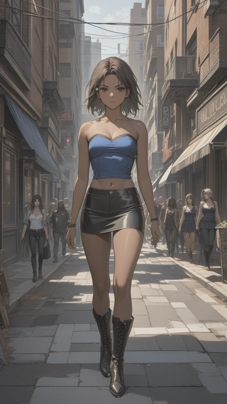 (((Adult woman)): (small black mini skirt, strapless blue top, Black eyes, showing the whole body, brown skin color, ((Black wavyhair)), High heel black boots. Closed mouth )); full body shot, walking in street, apocalipse city background. High quality. 4k, 8k, many details. Masterpiece, accurate, anatomically correct, posing, detailed background, better quality, original work Focus on details, Jill Valentine, zombies around, Front view