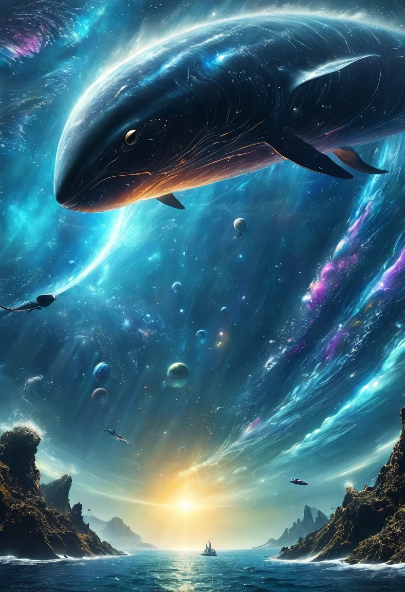 (best quality,4k,8k,highres,masterpiece:1.2),ultra-detailed,(realistic,photorealistic,photo-realistic:1.37),sci-fi,alien,space,starwhale,gigantic interstellar creature,vast cosmic ocean,celestial anomaly,ethereal aura,bioluminescent tendrils,otherworldly majesty,surreal atmosphere,dramatic lighting,vibrant colors