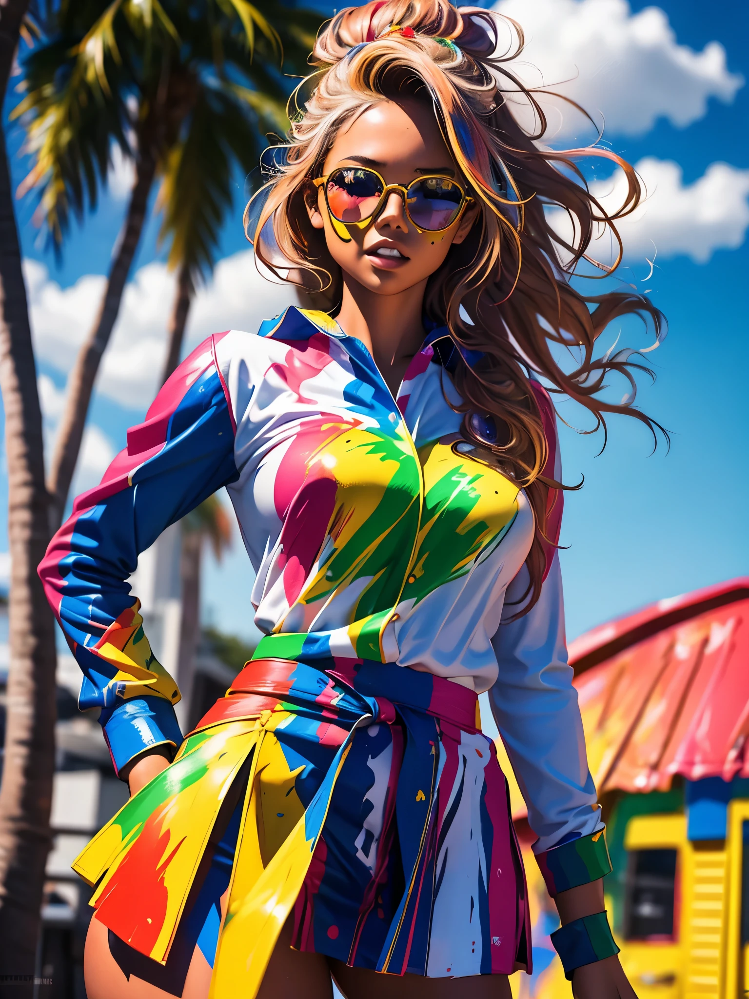 portrait of a beautiful woman, schoolgirl uniform, (body painted with colorful paint, carnival style), realistic self portrait, 8K UHD, dslr, grain of film, Fujifilm XT3 photorealistic painting midjourney art, brought outdoor sunshine, inspired by a Brazilian. prinzzess