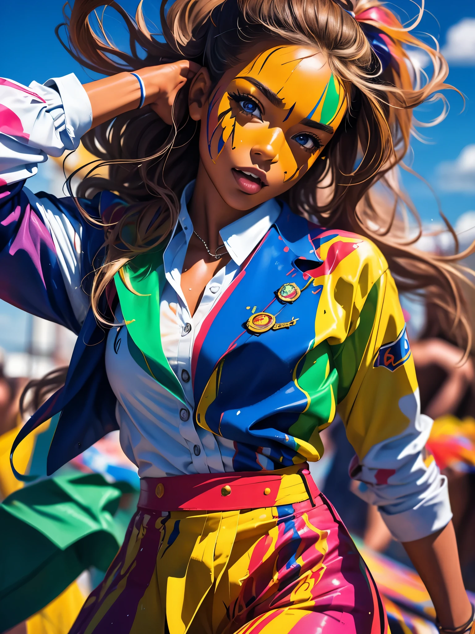 portrait of a beautiful woman, schoolgirl uniform, (body painted with colorful paint, carnival style), realistic self portrait, 8K UHD, dslr, grain of film, Fujifilm XT3 photorealistic painting midjourney art, brought outdoor sunshine, inspired by a Brazilian. prinzzess