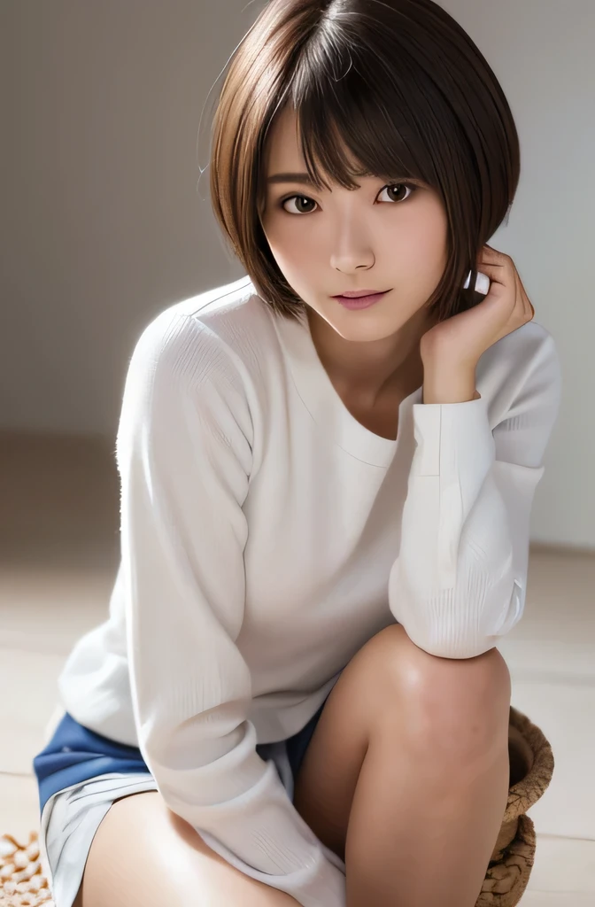 Fascinating anime, [ 4K Digital Art ]!!,Hyperrealistic painting, Art with attention to detail, 8K high quality, detailed art,Curvy Tanned Gal,(puppet,Thick lips:1.2),Dress shirt,cardigan,,Side details,Pleated skirt,Brown Loafers,Blonde Short Hair,(Dark Skip:1.3),loose socks,Sweaty,close,Squatting on a desk,In the classroom,(Blushed),、((Spread your legs、Panties in full view))